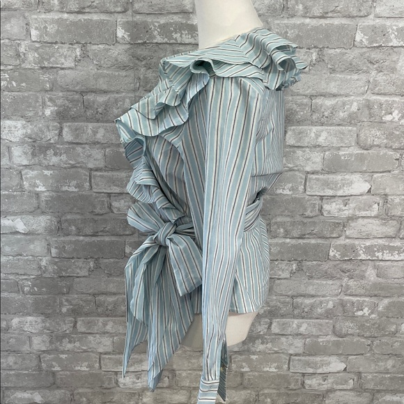 Ralph Lauren blue and white striped ruffle wrap blouse - Picture 3 of 6